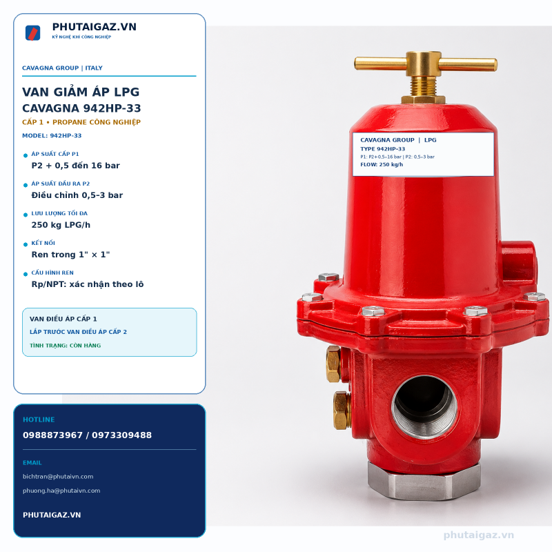 Van giảm áp cấp 1 LPG model 942HP-33, P1max 16bar, P2max 3bar, connect 1
