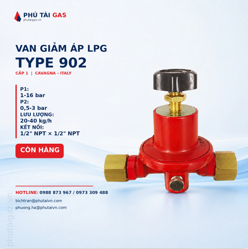 Van giảm áp cấp 1 LPG model 902, P1max 16bar, P2max 3bar. connect 1/2