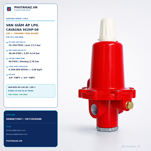 Van giảm áp cấp 1 LPG model 942HP-06, P1max 16bar, P2max 3bar, connect 3/4
