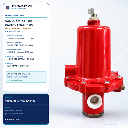 Van giảm áp cấp 1 LPG model 942HP-05, P1max 16bar, P2max 3,9bar. connect 1/2